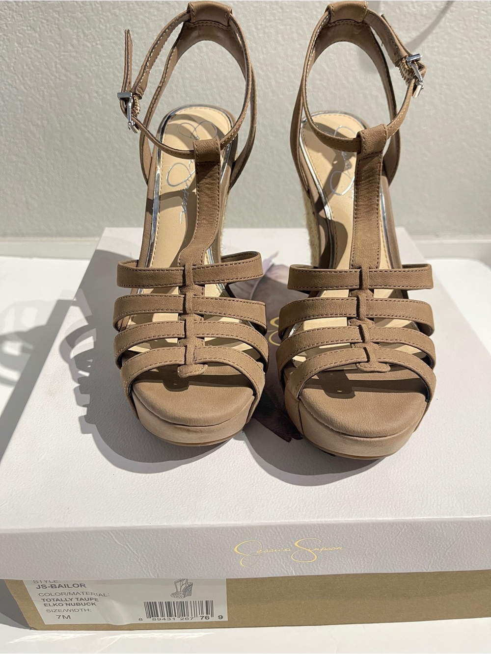 Jessica Simpson Taupe Strappy T‑Strap Platform Heels